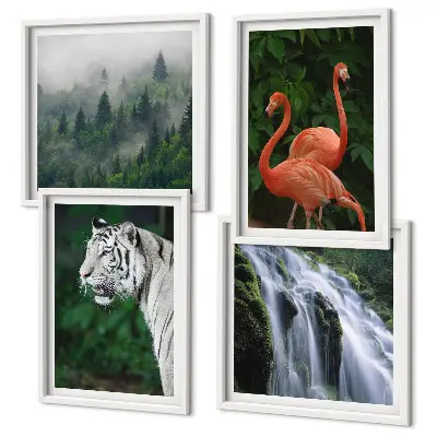 Wall art set featuring a tiger, waterfall, and flamingos in nature