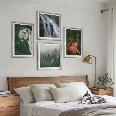 Wall art set featuring a tiger, waterfall, and flamingos in nature