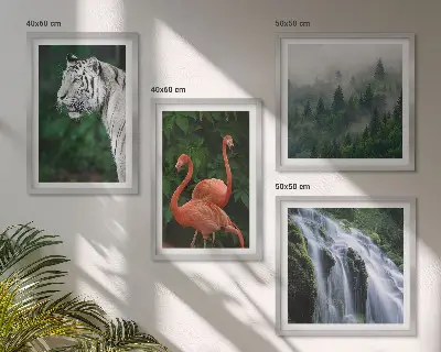 Wall art set featuring a tiger, waterfall, and flamingos in nature
