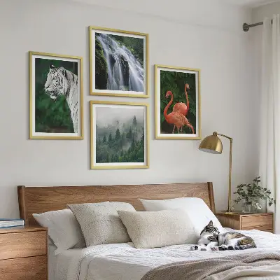 Wall art set featuring a tiger, waterfall, and flamingos in nature