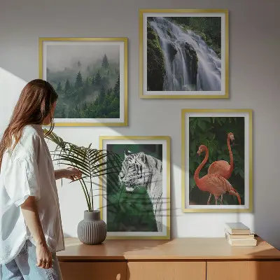 Wall art set featuring a tiger, waterfall, and flamingos in nature