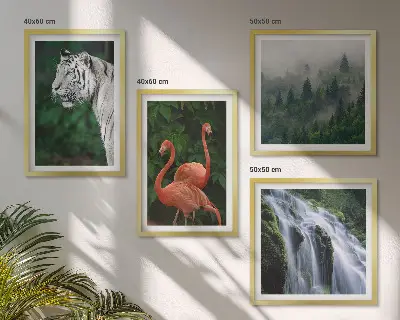 Wall art set featuring a tiger, waterfall, and flamingos in nature