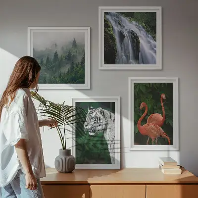 Wall art set featuring a tiger, waterfall, and flamingos in nature