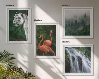 Wall art set featuring a tiger, waterfall, and flamingos in nature