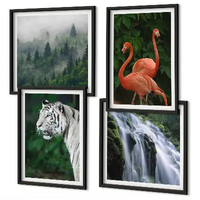 Wall art set featuring a tiger, waterfall, and flamingos in nature