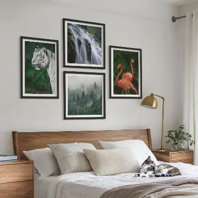 Wall art set featuring a tiger, waterfall, and flamingos in nature