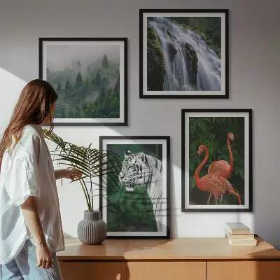Wall art set featuring a tiger, waterfall, and flamingos in nature