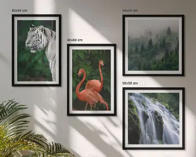 Wall art set featuring a tiger, waterfall, and flamingos in nature