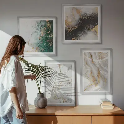 Multi-piece wall art set with abstract patterns in white black and green