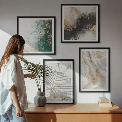 Multi-piece wall art set with abstract patterns in white black and green