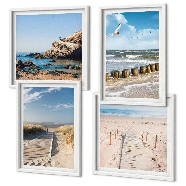 Multi-piece wall decor set with beach, sand, waves, sky, and birds