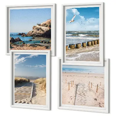 Multi-piece wall decor set with beach, sand, waves, sky, and birds