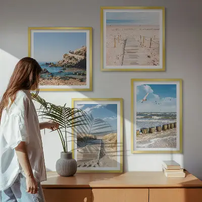 Multi-piece wall decor set with beach, sand, waves, sky, and birds