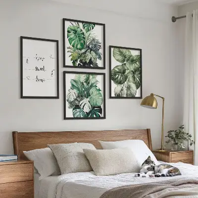 Watercolor Monstera Leaves Wall Art set of 4 pieces