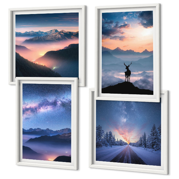 Wall art set Night sky mountains fog deer