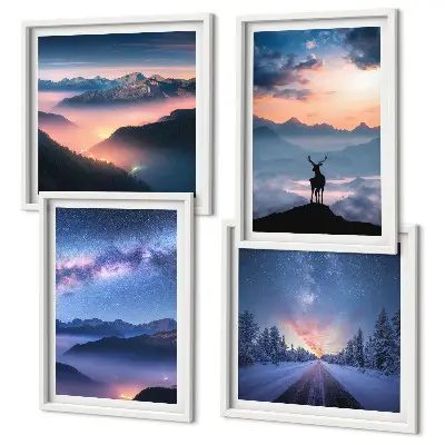 Wall art set featuring a night sky with mountains, fog, and a deer