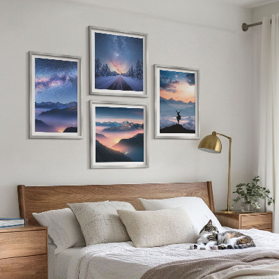 Wall art set Night sky mountains fog deer