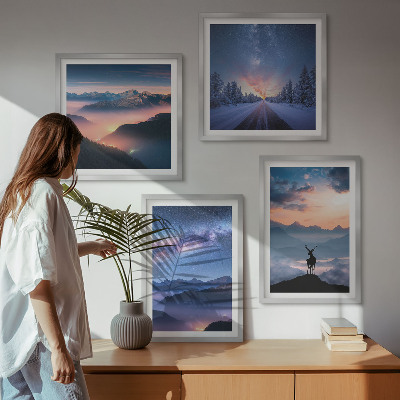 Wall art set Night sky mountains fog deer
