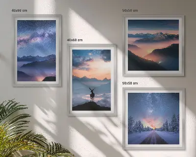 Wall art set featuring a night sky with mountains, fog, and a deer