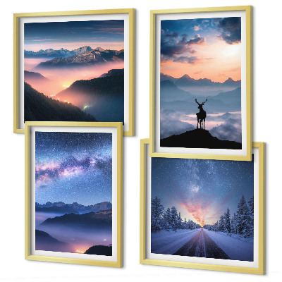 Wall art set Night sky mountains fog deer