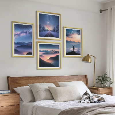Wall art set Night sky mountains fog deer