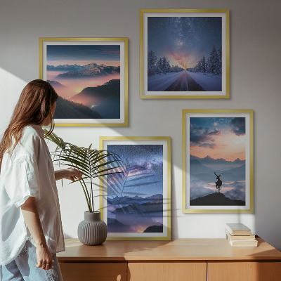 Wall art set Night sky mountains fog deer