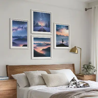 Wall art set featuring a night sky with mountains, fog, and a deer