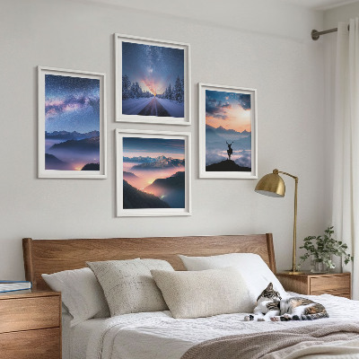 Wall art set Night sky mountains fog deer