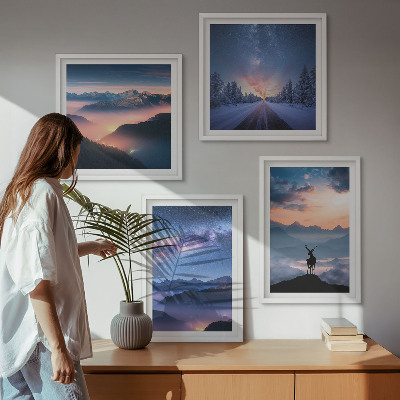 Wall art set Night sky mountains fog deer