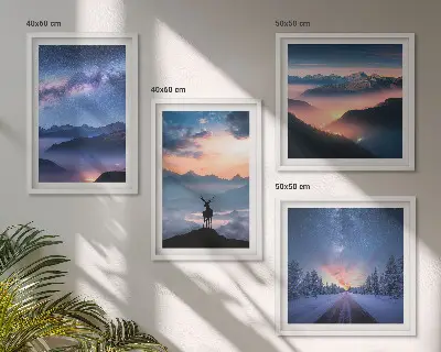 Wall art set featuring a night sky with mountains, fog, and a deer