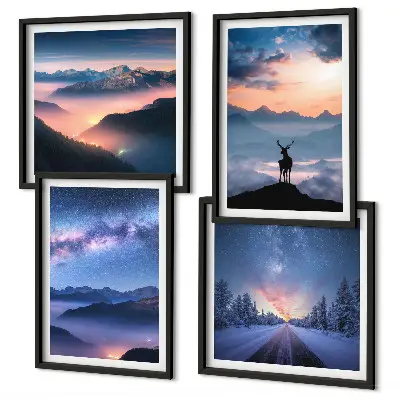 Wall art set featuring a night sky with mountains, fog, and a deer
