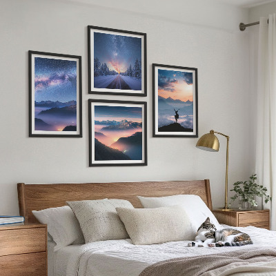 Wall art set Night sky mountains fog deer