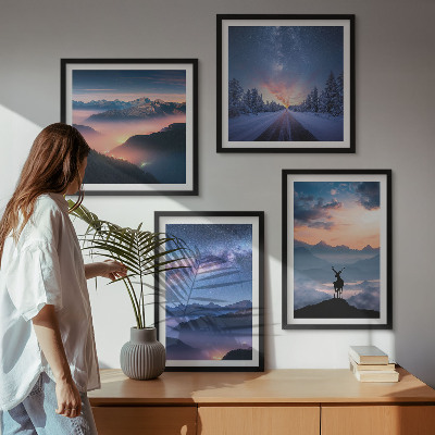 Wall art set Night sky mountains fog deer