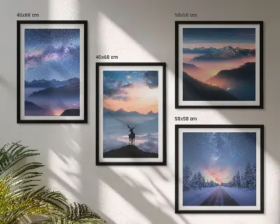 Wall art set featuring a night sky with mountains, fog, and a deer