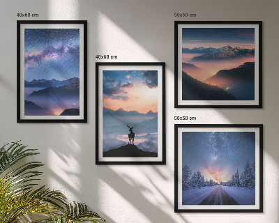 Wall art set Night sky mountains fog deer