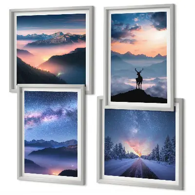 Wall art set featuring a night sky with mountains, fog, and a deer