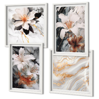 Set of 4 wall art pieces Flowers marble white black