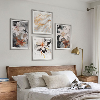 Set of 4 wall art pieces Flowers marble white black