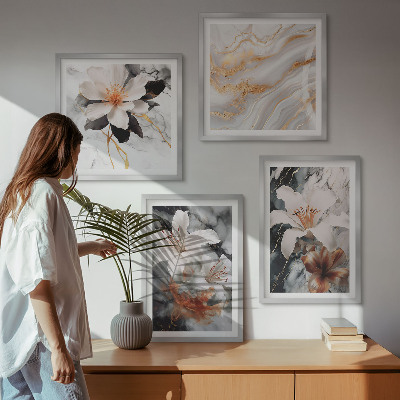 Set of 4 wall art pieces Flowers marble white black