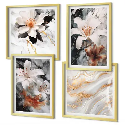 Set of 4 wall art pieces featuring black and white marble flowers