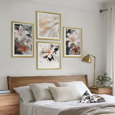 Set of 4 wall art pieces featuring black and white marble flowers