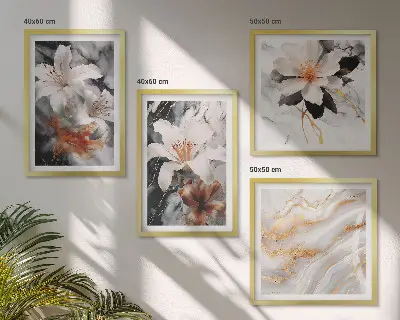 Set of 4 wall art pieces featuring black and white marble flowers