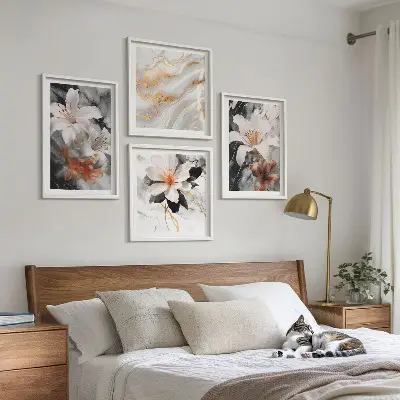 Set of 4 wall art pieces featuring black and white marble flowers