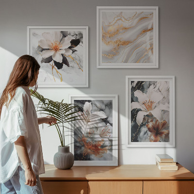 Set of 4 wall art pieces Flowers marble white black
