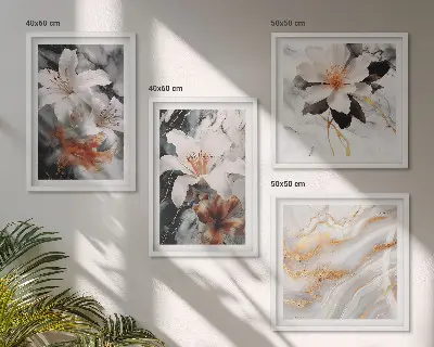 Set of 4 wall art pieces featuring black and white marble flowers