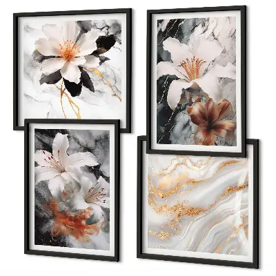 Set of 4 wall art pieces featuring black and white marble flowers