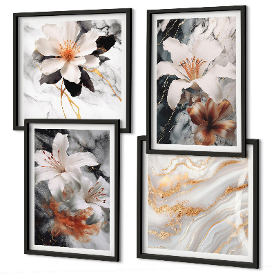 Set of 4 wall art pieces Flowers marble white black