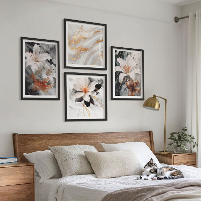 Set of 4 wall art pieces Flowers marble white black