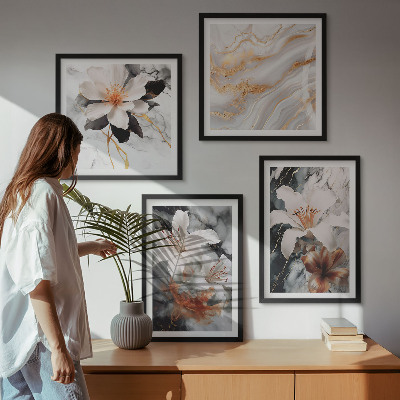 Set of 4 wall art pieces Flowers marble white black