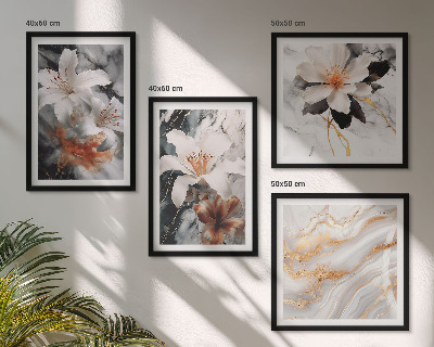 Set of 4 wall art pieces Flowers marble white black